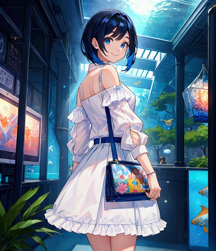 Like a game cover、background（aquarium、amusement park、people々There is、Date Scene、blue and black contrast）、 pose（ looking back）、 character（Tree Eyes,Sparkling blue eyes、smile）、Hairstyle（ medium hair ,  black and blue hair）、clothing（  white shirt and light blue ruffle skirt）、item（pink shoulder bag ）、scene（whole body）