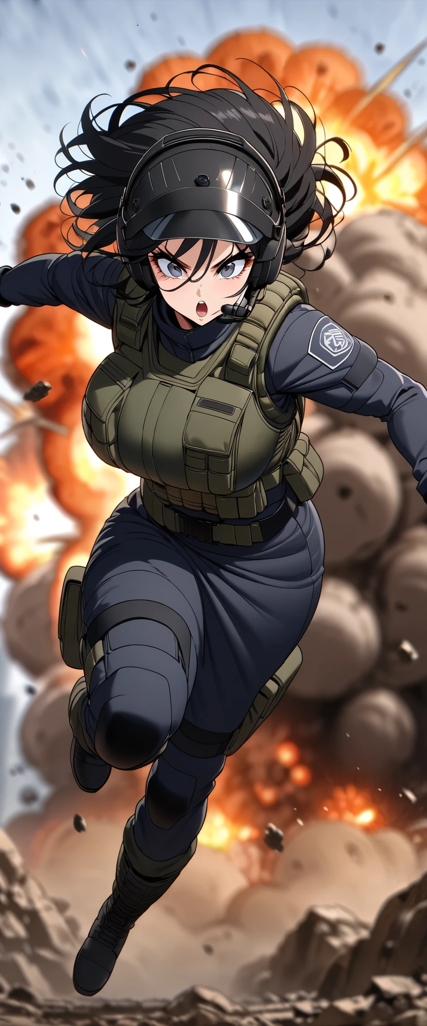 (masterpiece),(Highest quality),(High resolution),(Very detailed),One Woman,Japanese,Black Hair,Short Bob,Beautiful Eyes,Long eyelashes,Beautiful Hair,Beautiful Skin,strict,whole body,break(((Huge explosion behind woman))),Jump to escape the explosion,(Dynamic Movement),((ピストルを持っている:1.3)),SWAT Uniforms,Black bulletproof vest, Combat Boots,Black Tactical Forster,Tactical Headset,Tactical Helmet,(The background is the rubble of ruins),(((Background Blur)))