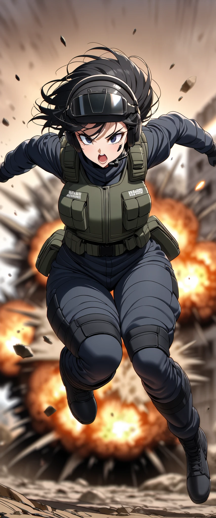 (masterpiece),(Highest quality),(High resolution),(Very detailed),One Woman,Japanese,Black Hair,Short Bob,Beautiful Eyes,Long eyelashes,Beautiful Hair,Beautiful Skin,strict,whole body,break(((Huge explosion behind woman))),Jump to escape the explosion,(Dynamic Movement),((ピストルを持っている:1.3)),SWAT Uniforms,Black bulletproof vest, Combat Boots,Black Tactical Forster,Tactical Headset,Tactical Helmet,(The background is the rubble of ruins),(((Background Blur)))