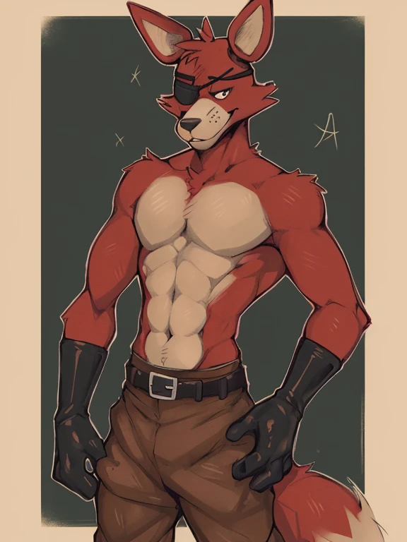 (by zackary911, anime, soft hatching) anthropomorphic, solo, human anatomy, adult, tall, mature, anthro, (lean, skinny muscles, biceps, soft abs), (Foxy (FNAF), red fur, fox ears, fox tail), (brown tunic pants, brown baggy pants, belt around waist, black eyepatch, brown gloves)