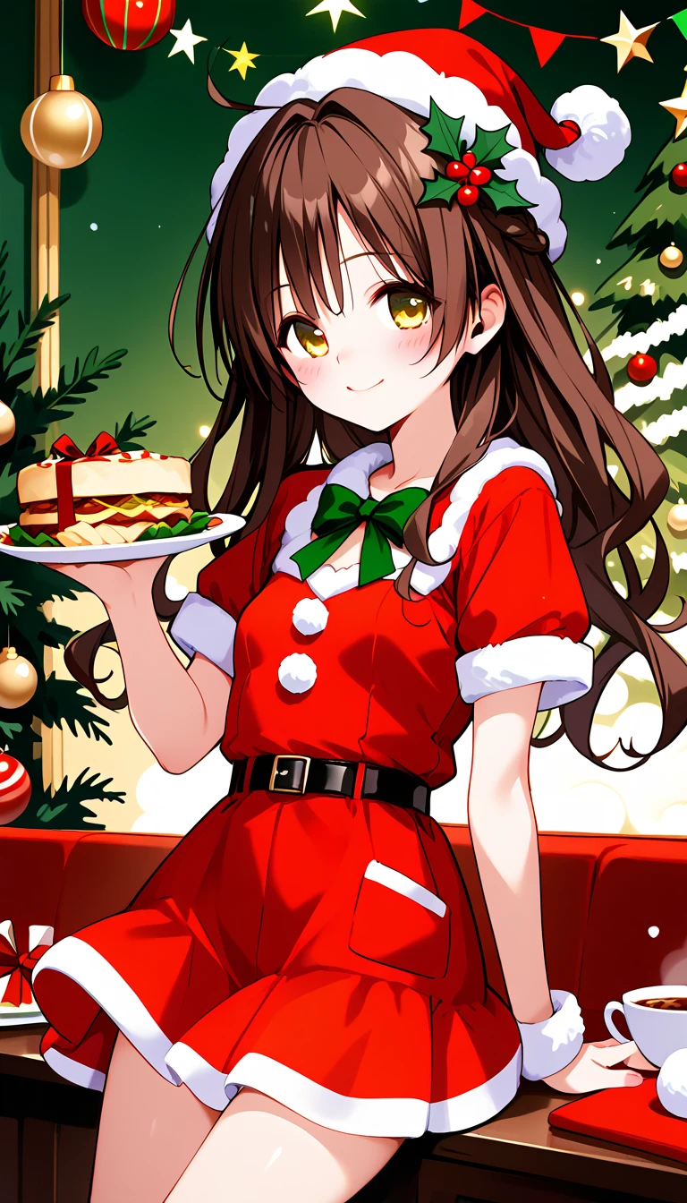 best quality, high resolution, 8k, alone, ((blush:1.5)), (y_mikan、 brown hair 、 long hair、 yellow eyes、 hair ornament、Hair ties、, small breasts), happy smile, christmas dress, christmas hat, mini skirt, christmas background, christmas dinner, christmas prsent