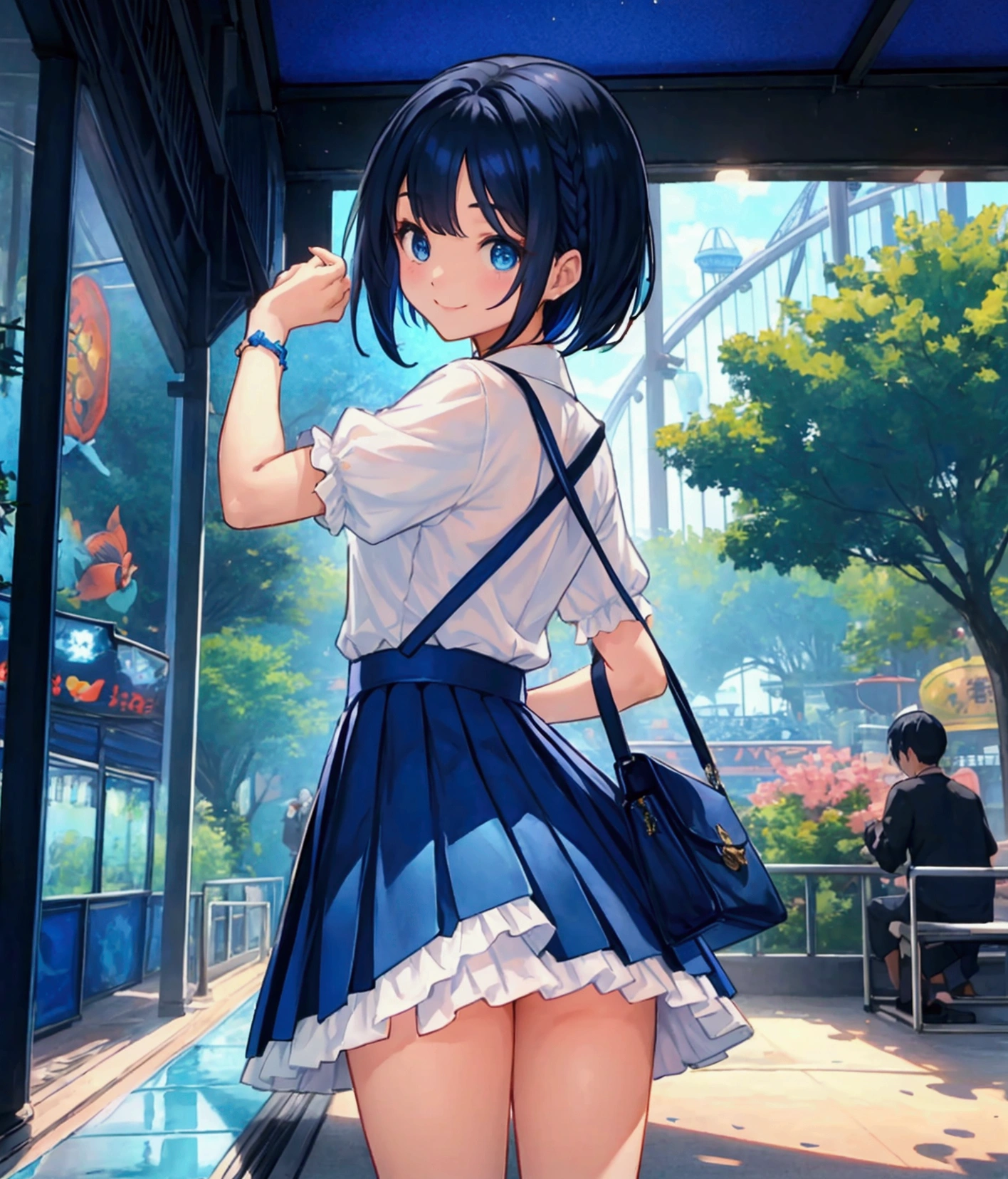 Like a game cover、background（aquarium、amusement park、people々There is、Date Scene、blue and black contrast）、 pose（ looking back）、 character（Tree Eyes,Sparkling blue eyes、smile）、Hairstyle（ medium hair ,  black and blue hair）、clothing（  white shirt and light blue ruffle skirt）、item（pink shoulder bag ）、scene（whole body）