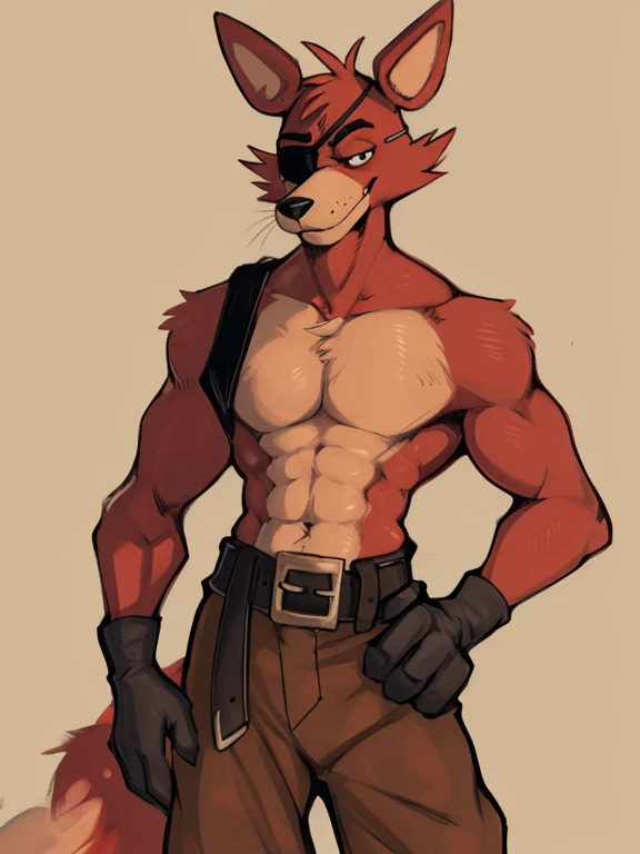 (by zackary911, anime, soft hatching) anthropomorphic, solo, human anatomy, adult, tall, mature, anthro, (lean, skinny muscles, biceps, soft abs), (Foxy (FNAF), red fur, fox ears, fox tail), (brown tunic pants, brown baggy pants, belt around waist, black eyepatch, brown gloves)