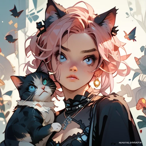 Girl with cat, Black Cat, Pink hair Blue eyes, Avatar