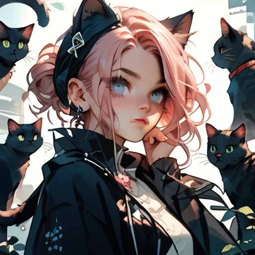 Girl with cat, Black Cat, Pink hair Blue eyes, Avatar