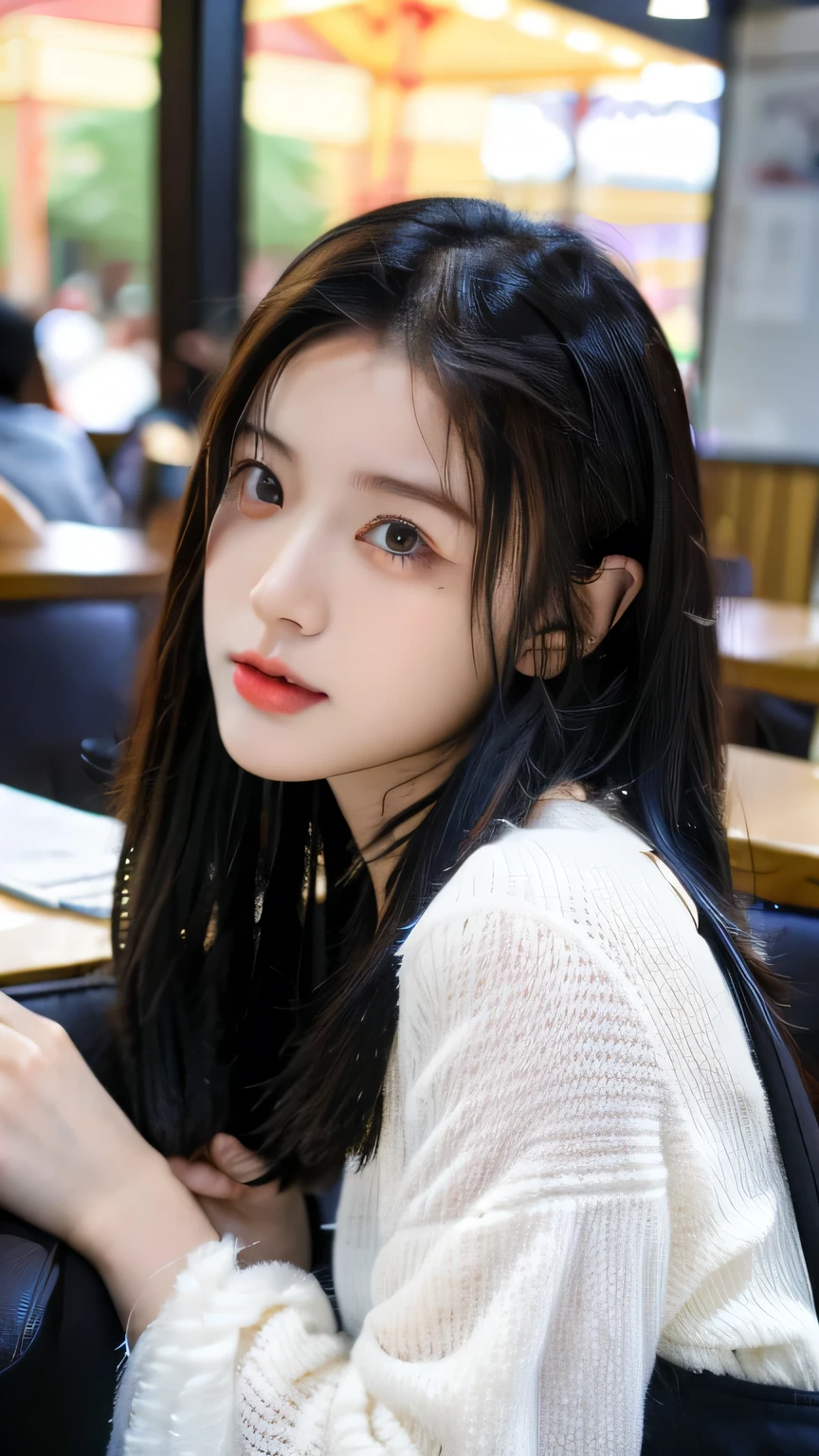 (16K, highres, absurdresmasterpiece, best quality, ultra detailed, exquisite, beautiful), delicate facial features, beautiful japanese idol, late s, 19year old, woman, in the cafe, coffee cup, looking at viewer, realistic portrait, raw photo, ultra realistic photo, upper body, front view, golden ratio, cinematic lighting, in focus with blurred background,)