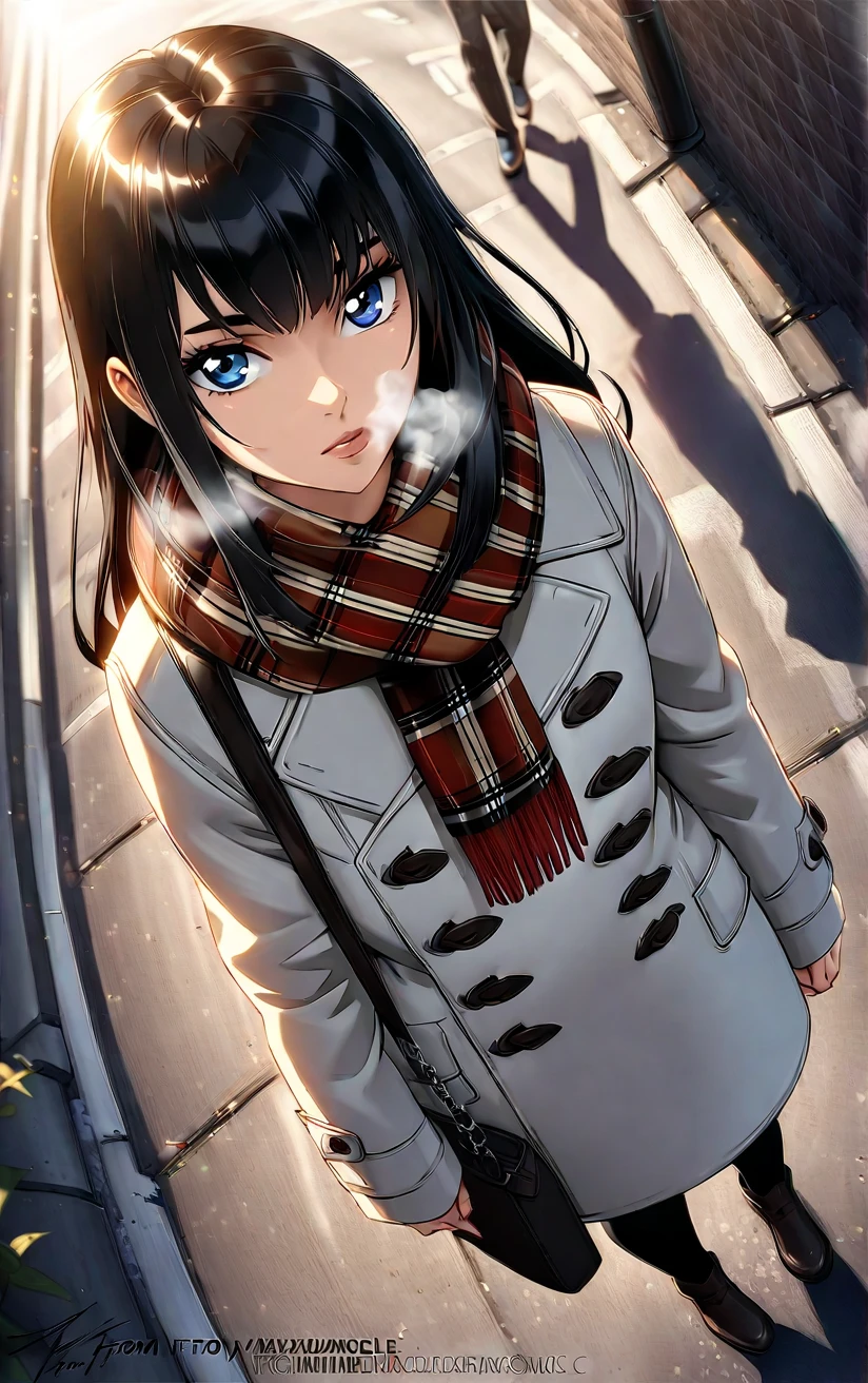  ((From above at an angle:2.3)),a woman wearing a scarf and coat that walks down the street on a sunny,afternoon,black hair,blue eyes, long hair,  looking at viewer, White sweater, scarf, outdoors, plaid scarf,black duffel coat, breath, road, plaid, street, blush, enpera, 
 Maximum facial details, Maximum detailed textures, Maximum detailed shadows, Maximum detailed backgrounds Maximum Facial Detail, Maxi,beautiful composition, cinematic lighting, extremely detailed, 8k, cinematic postprocessing, {{bad fingers,bad-anatomy,missing-fingers}}, {{signature,watermark,username,artist name}}, {{retro style,poor-quality }},Hitoimim,Cagalli Yula Athha,