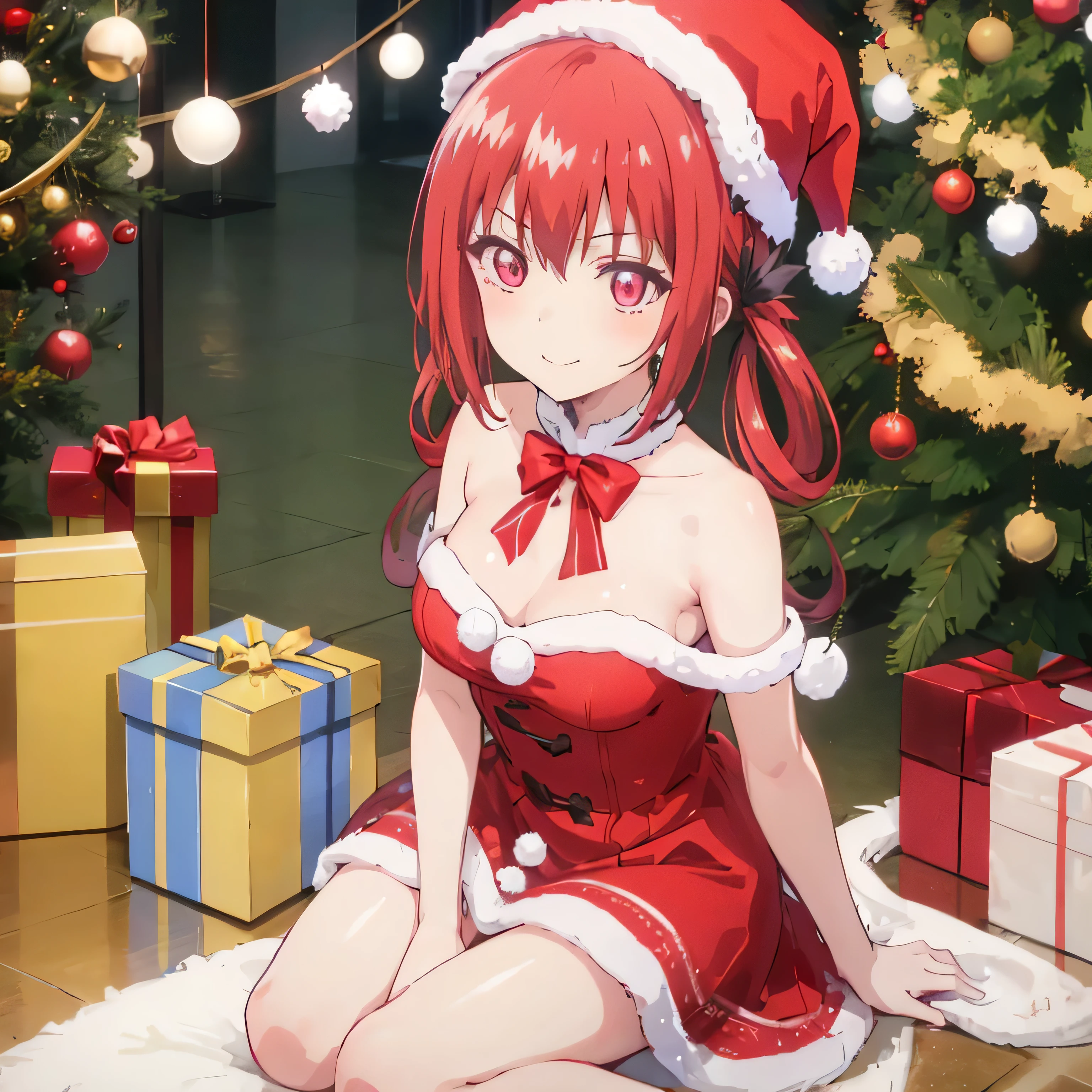 Christmas-themed mall 
Sitting on the floor 
next to a beautiful Christmas tree

Satanichia McDowell
dressed in a beautiful way 
with a white Christmas outfit 


Magenta eyes

long red hair tied with 2 pigtails

perfect hands and detailed arms 

beautiful lonely girl with a beautiful smile 
Gentle look, Christmas hat 