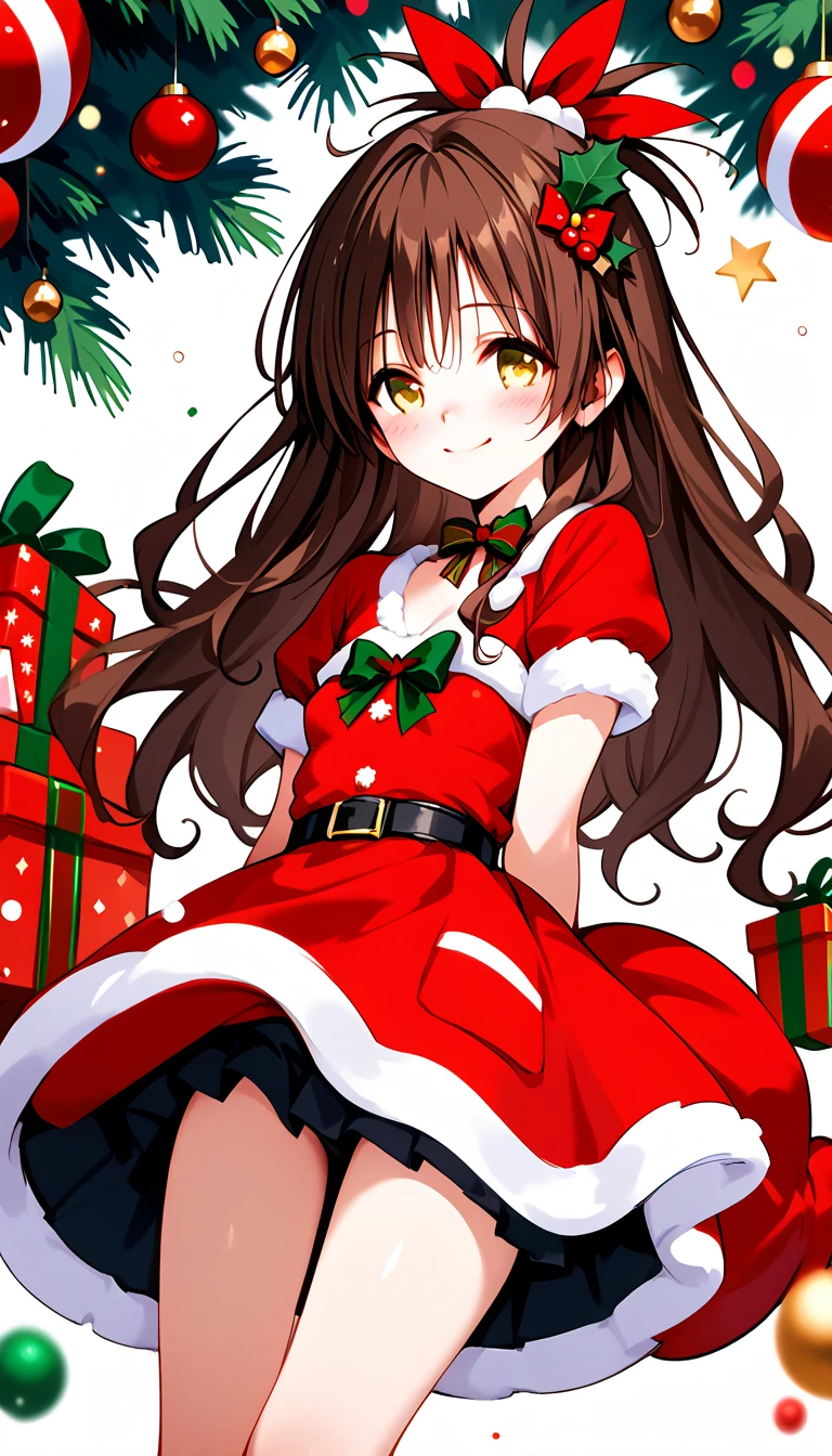 best quality, high resolution, 8k, alone, ((blush:1.5)), (y_mikan, brown hair, long hair, yellow eyes, hair ornament, Hair ties, small breasts), happy smile, christmas dress, mini skirt, christmas background, christmas dinner, christmas prsent