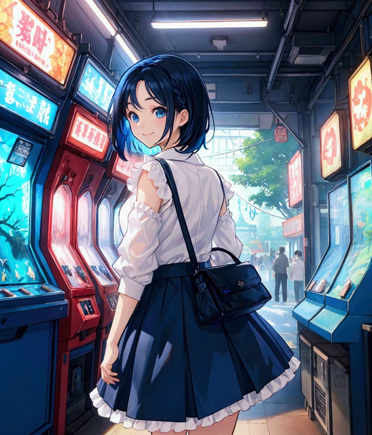 Like a game cover、background（aquarium、amusement park、people々There is、Date Scene、blue and black contrast）、 pose（ looking back）、 character（Tree Eyes,Sparkling blue eyes、smile）、Hairstyle（ medium hair ,  black and blue hair）、clothing（ white shirt with light blue ruffle skirt）、item（pink shoulder bag ）、scene（whole body）