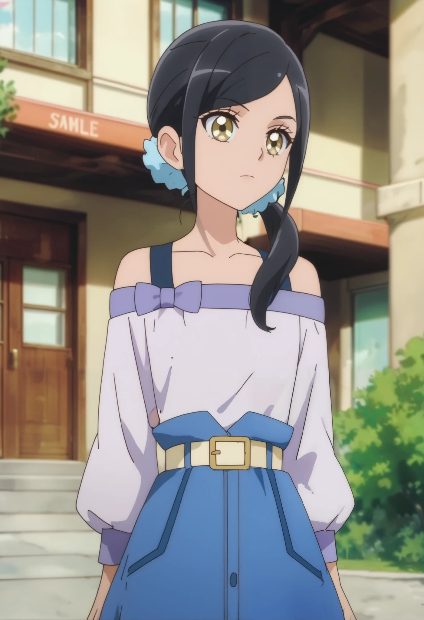 Anime girl in blue dress standing in front of a building - SeaArt AI