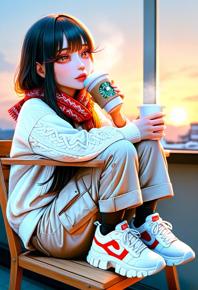 ChristmasSweater,a girl sitting on a chair, drinking coffee, wearing white cargo pants and ribbon platform sneakers, beautiful detailed eyes, beautiful detailed lips, extremely detailed eyes and face, long eyelashes, photorealistic, photo-realistic, hyperrealistic, hyper-realistic, cinematic lighting, natural lighting, warm colors, golden hour, soft focus, octane render, 8k, extremely detailed, intricate details, masterpiece