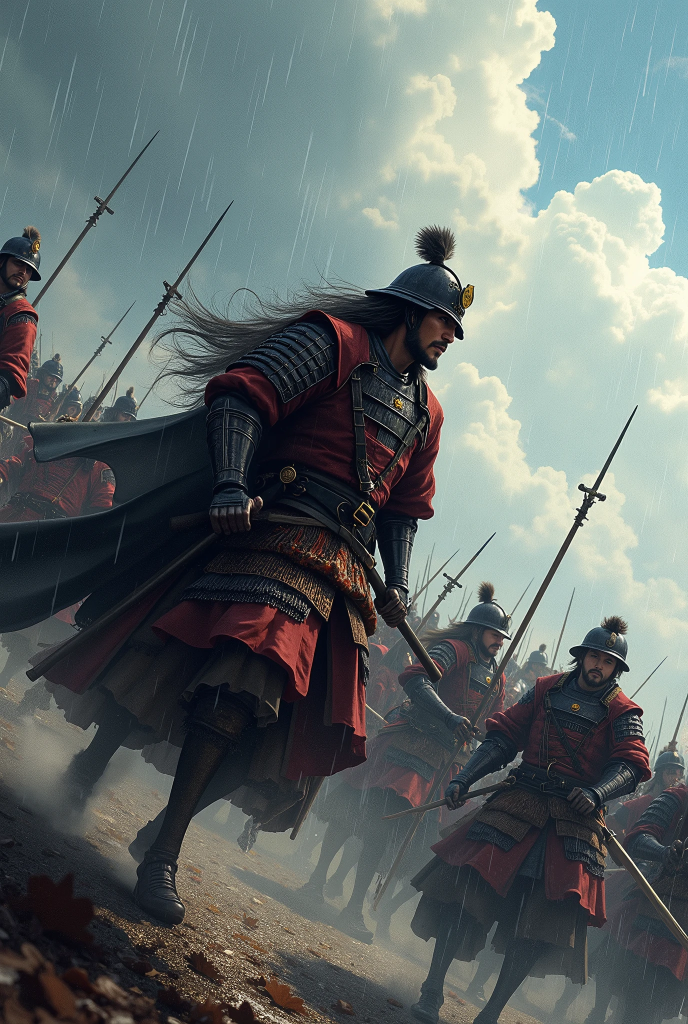  one of Japan's heroes from the Sengoku period , Oda Nobunaga,  it's a decisive battle in Okehazama ,  cut through against enemies , Bib pose, Charge,  with many soldiers ,  model Kawasaki Kento , Play Yamaya ,  it's raining ,  top quality,  high definition ,  high image quality, 8k, masterpiece,  detailed illustration art including background, 