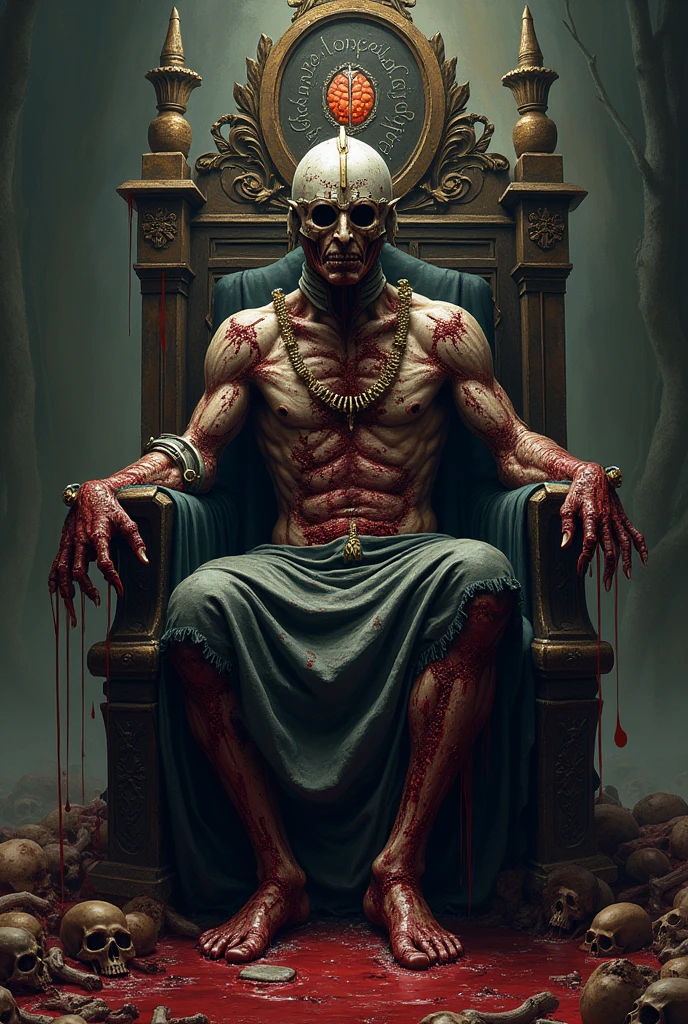 hot god of death, male, shirtless wearing transparent clothes nothing under them, holding a skull sitting in his throne with skeletons on the ground around him