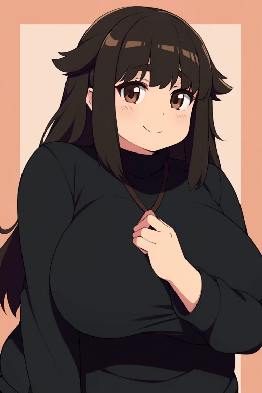 Chubby girl with big breasts brown eyes long and messy black hair smiling jinako carigiri black sweater 