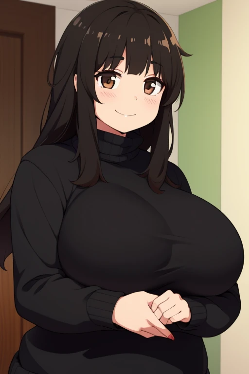 Chubby girl with big breasts brown eyes long and messy black hair smiling jinako carigiri black sweater 