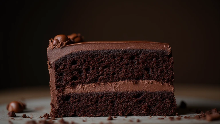 cinematic film still chocolate, chocolate cake, dark background, quality photo, moist texture, frosting, studio photo, slice . shallow depth of field, vignette, highly detailed, high budget, bokeh, cinemascope, moody, epic, gorgeous, film grain, grainy