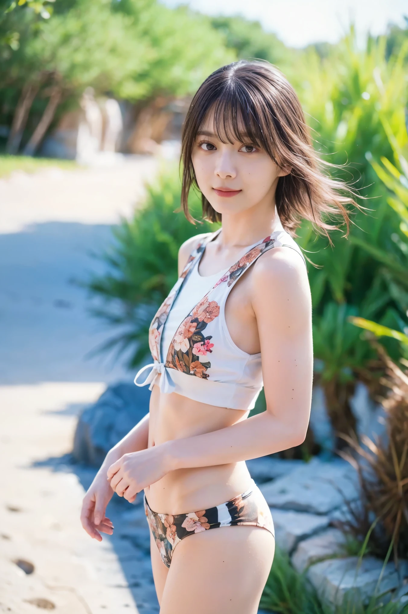 Watch NSFW's 1 .2, from below:1.4,Front focus:1.5,(8k RAW photo,Live Shooting, top quality, masterpiece:1.37), Extreme light and shadow, full body shot :1.5, Detailed clavicle, thin due to small things necklace, earrings,(( 1 girl), Japanese idol ,(Alone), 3d,( camera )), Perfect anatomy,break(( brown hair ),( Brown Brown Medium Hair )),光沢のある brown hair , medium hair up to buttocks, , Dominant Smile , sparkling eyes , fine grain, Very Pretty Eyes 、 very detailed face, very detailed eyes,Cowboy Shot、 (Photorealistic:1.4, 8k), top quality, Masterpiece , 超 high definition , perfect dynamic composition , top quality, Very Delicate and Beautiful , high definition , very detailed CG, Masterpiece , ( on the body Be careful)), Masterpiece , high definition , high definition , high definition , high definition , high definition high definition , high definition Masterpiece , high definition , high definition , high definition , 1 Woman , Very close, (( Women in Ultra Short Floral Bikinis)), Midsummer Beach 、 sandy beach,hot、 lens flare