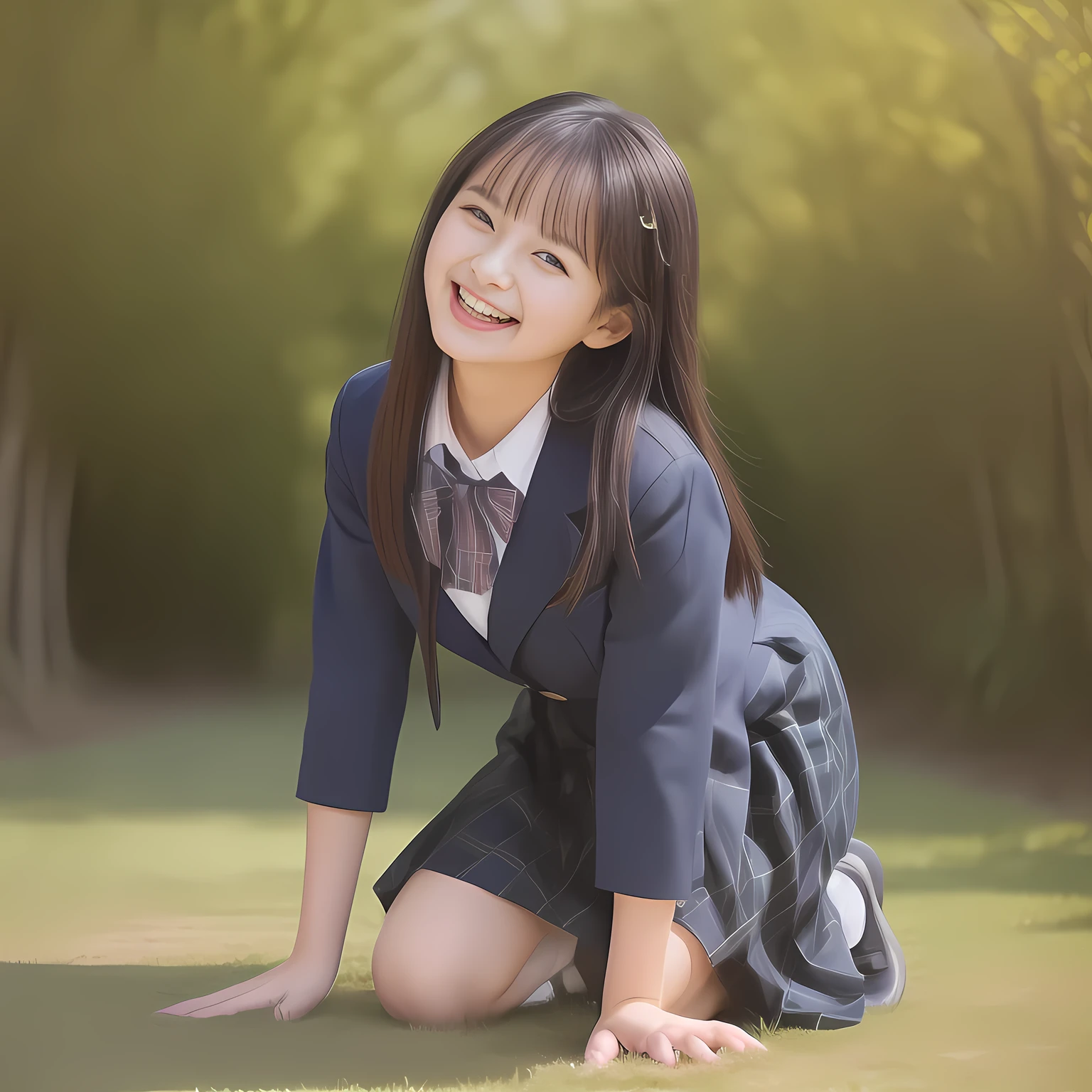 (Highest quality, masterpiece:1.2), Highest quality, High resolution, 1080P, 8k, clearly detailed, low-angle shot, (Some 14yo idol girls are inviting, bending down deeply at waist, and looking down at the floor, bending down deeply at her waist, their shining eyes are looking down at the viewer directly, Girls faces are looking down and coming close to the viewer, Low-angle-skirt-close-shot from below the girls' knees, only altar of succubus in school underground background: 2.0) (Nobly bowing super-pretty shining-long-hair super-beautiful super-bewitching super-cute expensive school-uniform pretty slender 14yo-fashion-model of most-beautiful-school-uniform-girl-models photo-magazine in Japan, too beautiful aristocratic daughter laughing down at the viewer, in supreme bliss, bowing and accepts the viewer's every desire: 1.8), (long bottom eye-slashes, long top eye-slashes), (very bewitching beautiful full-open lips: 1.4), (neat gorgeous school uniform of private high school in Japan. navy-school-blazer with gold-emblem, super-neat navy-blue-lined-tartan-checkered light-sky-blue-pleats-school-skirt, super-girly plain-red ribbon on the breast: 1.5), (bewitching expression, smile, lips, and pose to corrupt the viewer, everything is planned and prepared to corrupt the viewer into the allusion of love towards the girl: 1.2), (clearly detailed foreground focusing on girl's beauty and cuteness, gorgeous blue girly bed background of full-of-girls girly-heaven: 1.2), (some girls are putting her beautiful both hands and fingers on the viewer to tear off the viewer's cloths lustily and forcibly, which may also open the viewer's brain, pouring her girly white ecstasy drool to the viewer: 1.5), (sky-blue school skirt: 1.6), (detailed brown eyes: 1.5)