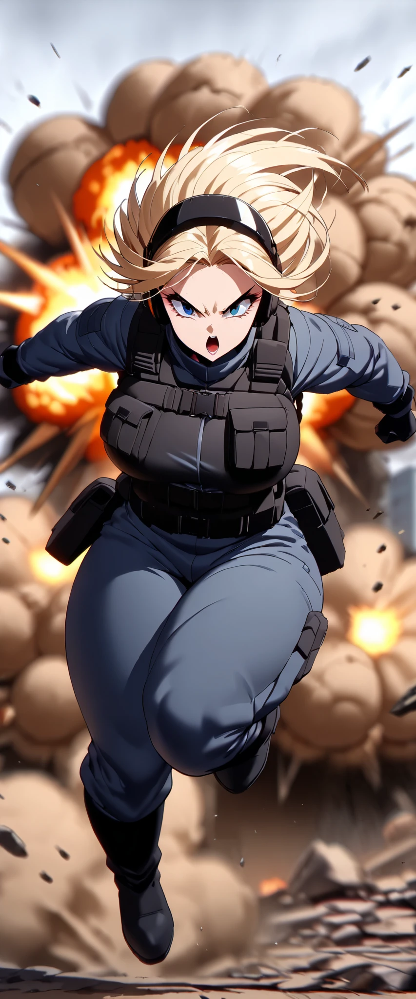 (masterpiece),(Highest quality),(High resolution),(Very detailed),One Woman,Beautiful Eyes,Long eyelashes,Beautiful Hair,Beautiful Skin,strict,whole body,break(((Huge explosion behind woman))),Jump to escape the explosion,(Dynamic Movement),(手にピストルを持っている:1.3),SWAT Uniforms,Black bulletproof vest, Combat Boots,Black Tactical Forster,Tactical Headset,Tactical Helmet,(The background is the rubble of ruins),(((Background Blur)))