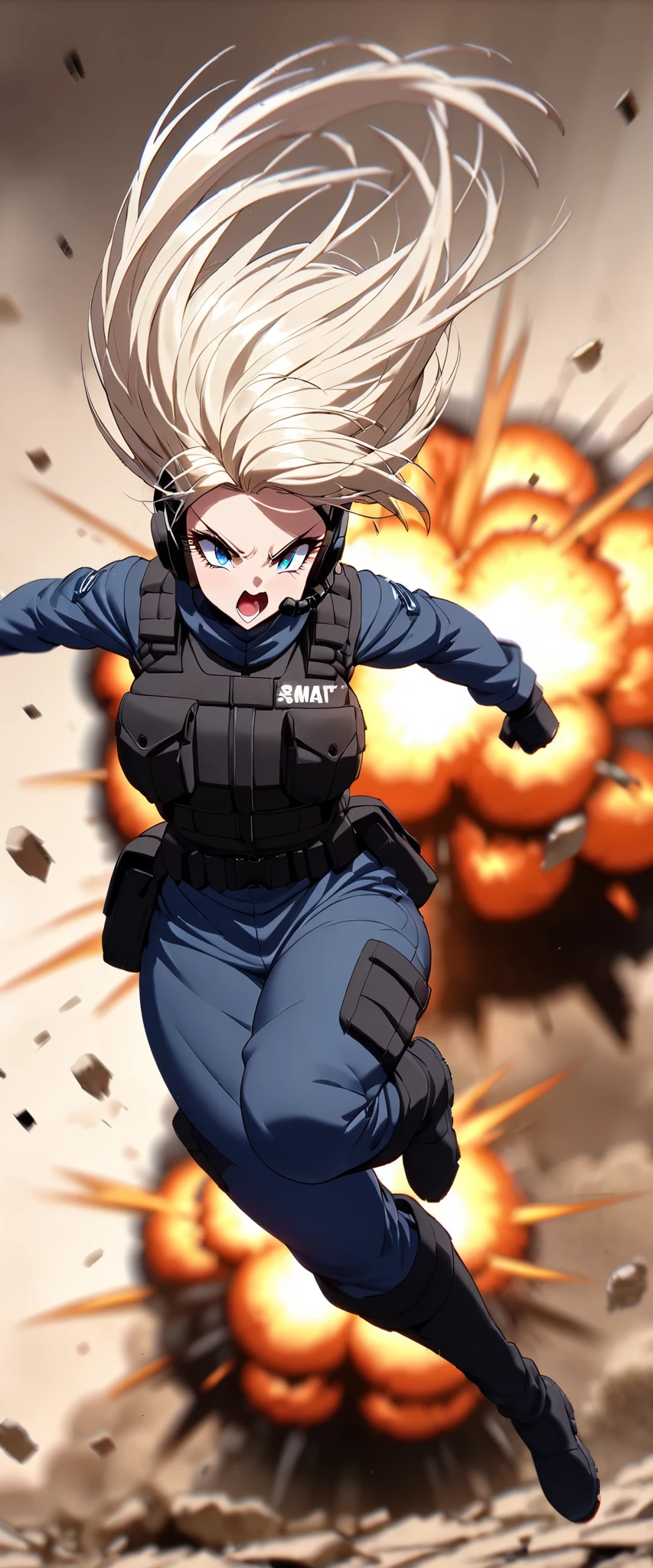 (masterpiece),(Highest quality),(High resolution),(Very detailed),One Woman,Japanese,Black Hair,Short Bob,Beautiful Eyes,Long eyelashes,Beautiful Hair,Beautiful Skin,strict,whole body,break(((Huge explosion behind woman))),Jump to escape the explosion,(Dynamic Movement),((ピストルを持っている:1.3)),SWAT Uniforms,Black bulletproof vest, Combat Boots,Black Tactical Forster,Tactical Headset,Tactical Helmet,(The background is the rubble of ruins),(((Background Blur)))