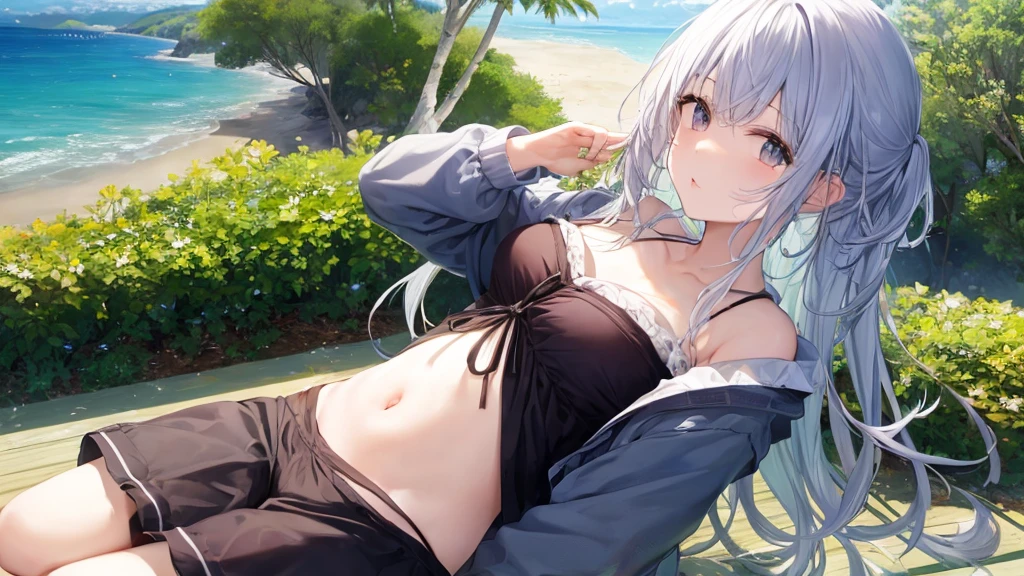 ((Top quality)), ((Masterpiece)), ((Detail)), perfect face, perfect body, sitting on the beach, listening to music, wearing headphones, wearing swimsuit, swimsuit is transparent, sitting with legs spread, tight clothes One woman wearing clothing with exposed buttocks and breasts, face visible