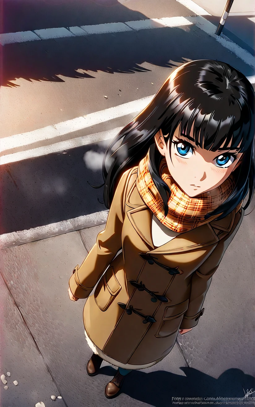  ((From above at an angle:2.3)),a woman wearing a scarf and coat that walks down the street on a sunny,afternoon,black hair,blue eyes, long hair,  looking at viewer, White sweater, scarf, outdoors, plaid scarf,black duffel coat, breath, road, plaid, street, blush, enpera, 
 Maximum facial details, Maximum detailed textures, Maximum detailed shadows, Maximum detailed backgrounds Maximum Facial Detail, Maxi,beautiful composition, cinematic lighting, extremely detailed, 8k, cinematic postprocessing, {{bad fingers,bad-anatomy,missing-fingers}}, {{signature,watermark,username,artist name}}, {{retro style,poor-quality }},Hitoimim,