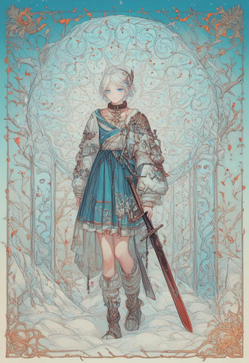  virtual character design， Concept Character List ，Female  girls，8k， full body vertical painting，Ancient Western European Knight ，White hair and blue eyes，skirt，Plush collar，Holding a long sword，Delicate face，Dragon Hunter， blue and white tone ，snow，Colorful， is colorful