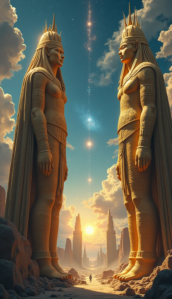A stunning, ultra-realistic 32K masterpiece movie poster for the dramatic sci-fi film "GODS OF THE SERENGETI" with the subtitle "THE DIVINE TWINS: 1347". This backlit, high-detail poster features two twin majestic human-avian demigods with black African features, standing back to back. The demigods has elaborate feathered wings and high-tech regal armor adorned with intricate alien symbols. The background showcases a fantastical sci-fi landscape with pyramids under construction by a primitive species, vibrant skies, and distant mountains. The natural, dynamic color palette enhances the mystical, epic atmosphere. The bold, elegant alien-like font displays the title and subtitle prominently, with the author's name, 'TERRANCE JAMES', in Bold italic Times New Roman font. Featuring ray tracing reflections, Unreal Engine, HDR, and meticulous details for an ultra-high resolution image, poster, photo, cinematic, dark fantasy
