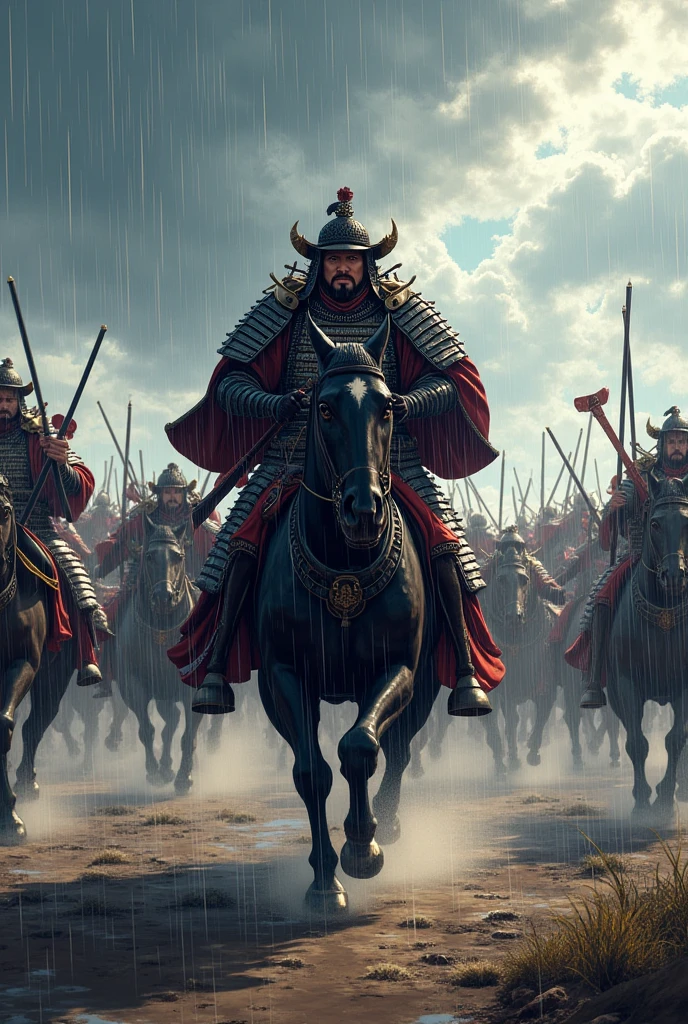  one of the heroes of Japan's Sengoku period , Takeda Shingen,  Battle of Mikatagahara ,  Takeda Cavalry Corps ,  cutting into the enemy , Raise a spear high , Charge, Bib pose, Straddling a horse,  with many soldiers ,  model Yakusho Koji ,  throw grassland ,  top quality,  high definition ,  high image quality, 8k, masterpiece,  detailed illustration art including background,