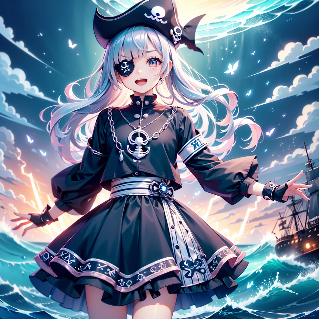 1girl， pretty face、Baby Face、sea賊船、 pirates、huge anchor 、((( best detail、 Dynamic Best Composition、 top quality、 Masterpiece、 more、 high definition)))、ゴス pirates服，Very complex， exquisite，Shift dress，frills，ribbon，bandage，sea賊，Giant ，2000，E-girls， かわいいデザインのEye patch ，Adorable Decor ，Subculture， laughing in front of the car ，  avant-garde and innovative clothing design 、 Harajuku style、whole body、 view viewers、neon light palette、sea賊、sea賊帽、Eye patch、sea、Wave、荒Wave、