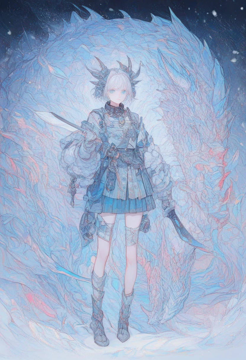  virtual character design， Concept Character List ，Female teenage girls，8k， full body vertical painting，knight，White hair and blue eyes， skirt，Plush collar，Holding a long sword，Delicate face，Dragon Hunter， blue and white tone ，snow，Colorful， is colorful