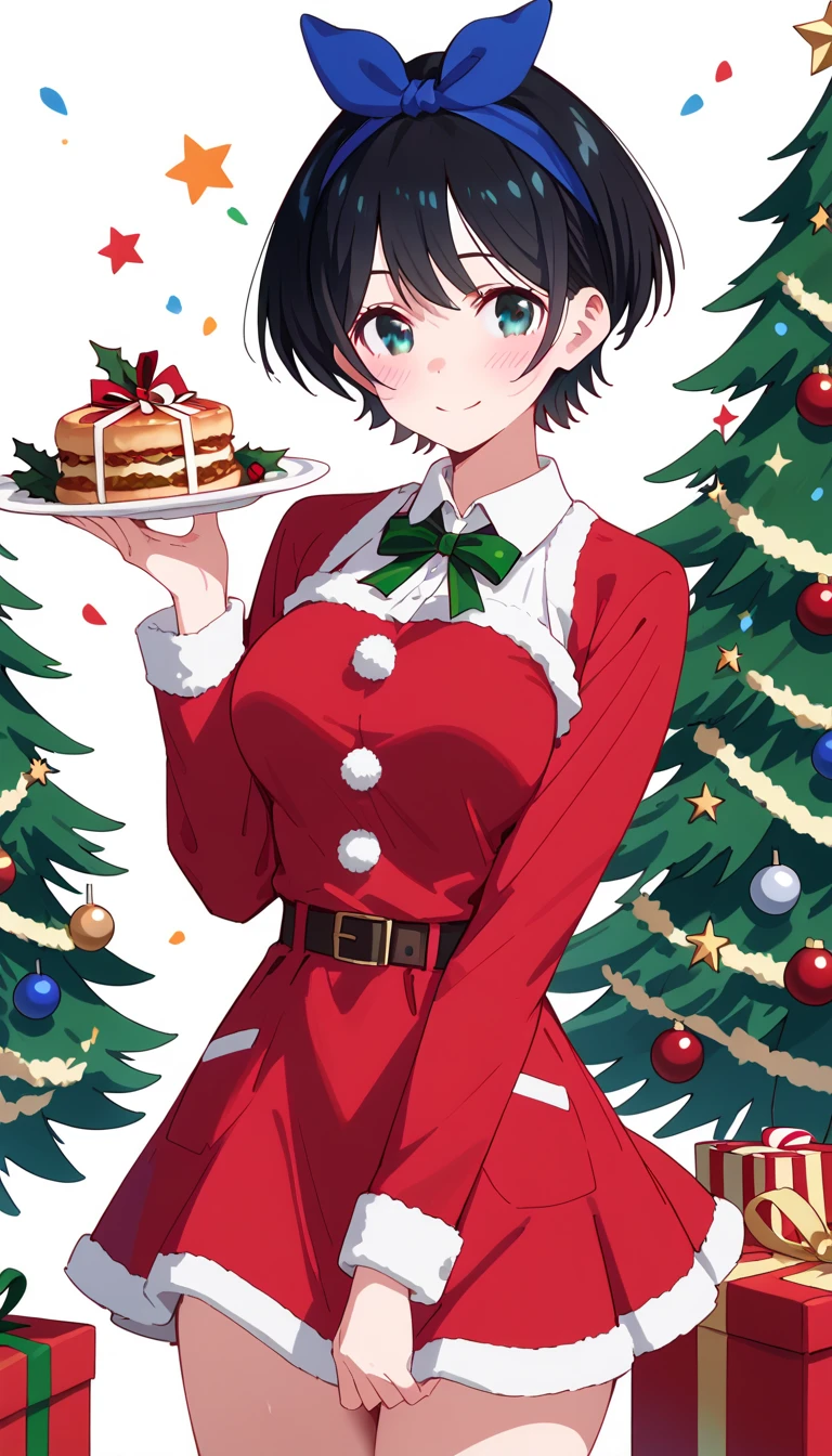 best quality, high resolution, 8k, alone, ((blush:1.5)), (Ruka Sarashina, short hair, bangs, black hair, ribbon, hair ribbon, headband, blue headband, large breasts), happy smile, christmas dress, mini skirt, christmas background, christmas dinner, christmas prsent