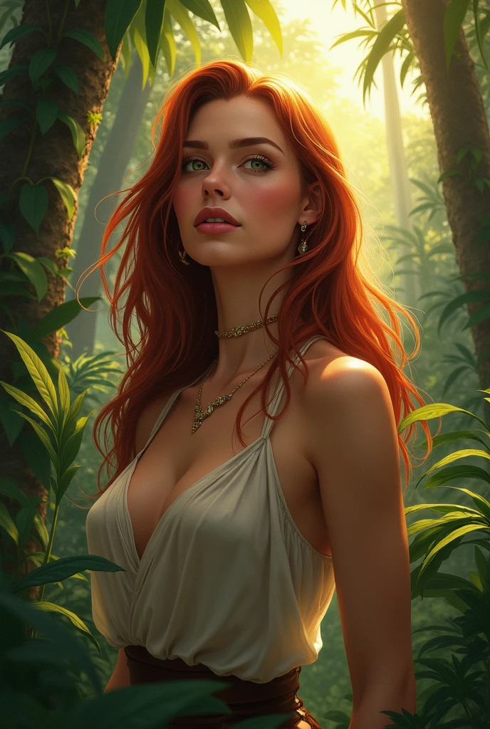 Art image of an intimate Couple swimming, Conan the barbarian, robust, handsome, long straight nose, stubble, long hair, shirtless, sinewy muscles, and Red Sonja, busty, beautiful, long blonde hair, large breasts, completely naked, bathing in a river, forest in background, upper body, adequate evening sunlight on face, by Louis Royo, Boris Vallejo, Frank Frazetta