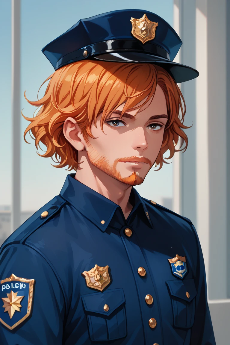 man, portrait, policeman, strong, beautiful, adult face, short beard, cop, orange hair, short hair, curly hair, black uniform