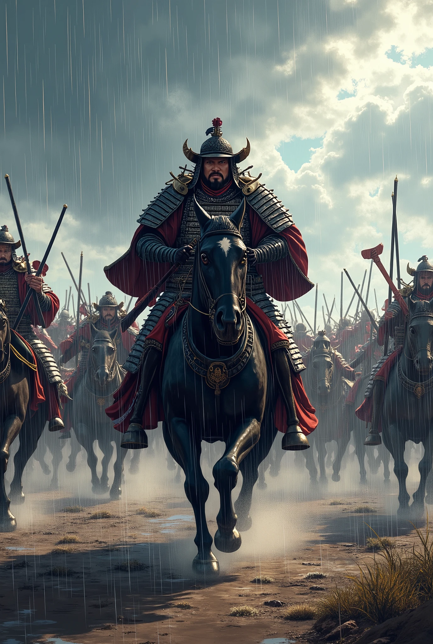  one of Japan's heroes from the Sengoku period , Oda Nobunaga,  it's a decisive battle in Okehazama ,  cut through against enemies , Bib pose, Charge,  with many soldiers ,  model Kawasaki Kento , Play Yamaya ,  it's raining ,  top quality,  high definition ,  high image quality, 8k, masterpiece,  detailed illustration art including background, 