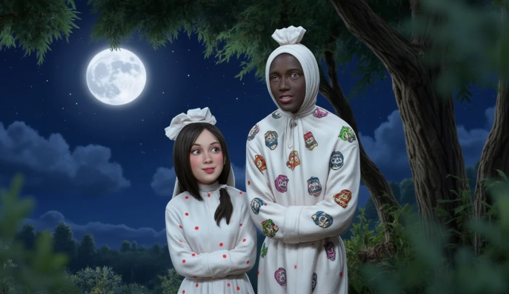 cute pocong black face man, wearing his white patterned shroud with colorful skulls sitting on a tree branch with a long haired woman ((face covered by hair)) with a nun's hat on her head, a long white daster dress with red polka dots, the moon shining at night. His laughter echoes in the air as he dances with the wind, spreading joy wherever he goes. Bright colored 3D animated image ala pixar.