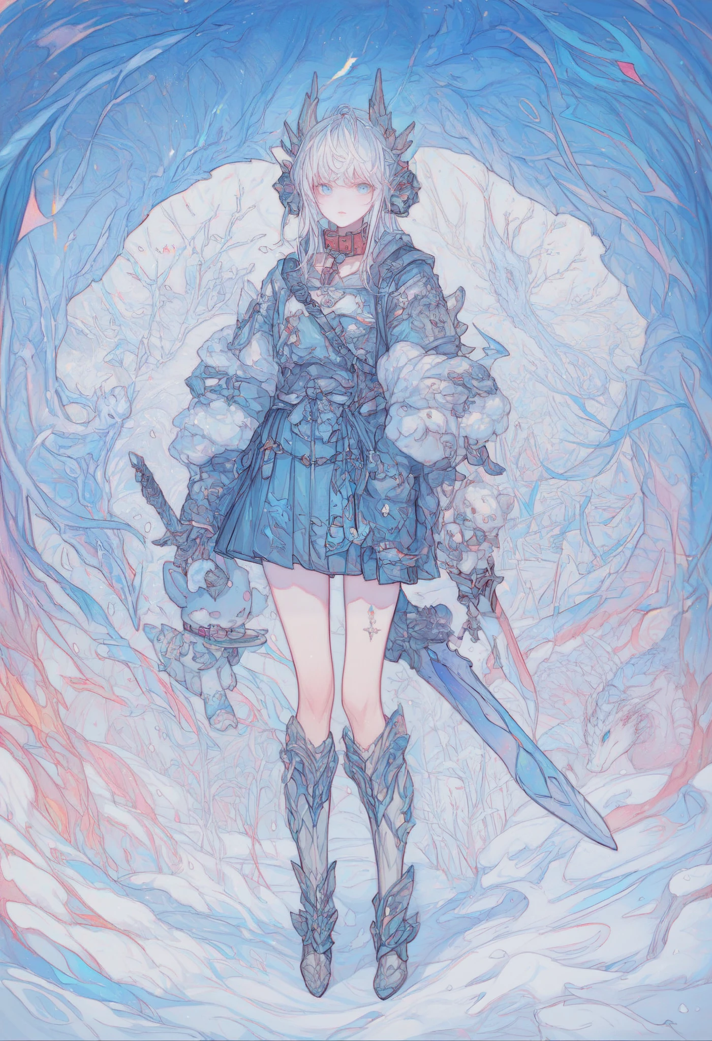  virtual character design， Concept Character List ，Female teenage girls，8k， full body vertical painting，knight，White hair and blue eyes， skirt，Plush collar，Holding a long sword，Delicate face，Dragon Hunter， blue and white tone ，snow，Colorful， is colorful