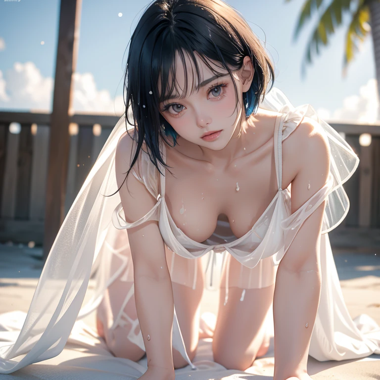   RAW photo ,   full body photo of CeciliaDeo1SD  ,  colorful hair,   wet pixie cut , Wet Pale Skin  ,   wet soft nude  , summer beach coast  , No shoulder straps､  wet pure white silk veil  ,  stand on all fours and show off my chest , (  high definition skin:1.2), ((  see-through))､((  see-through))  8K ultra HD ,   DSLR  ,   soft lighting  ,   High Quality  ,   film particles  , Fujifilm XT3