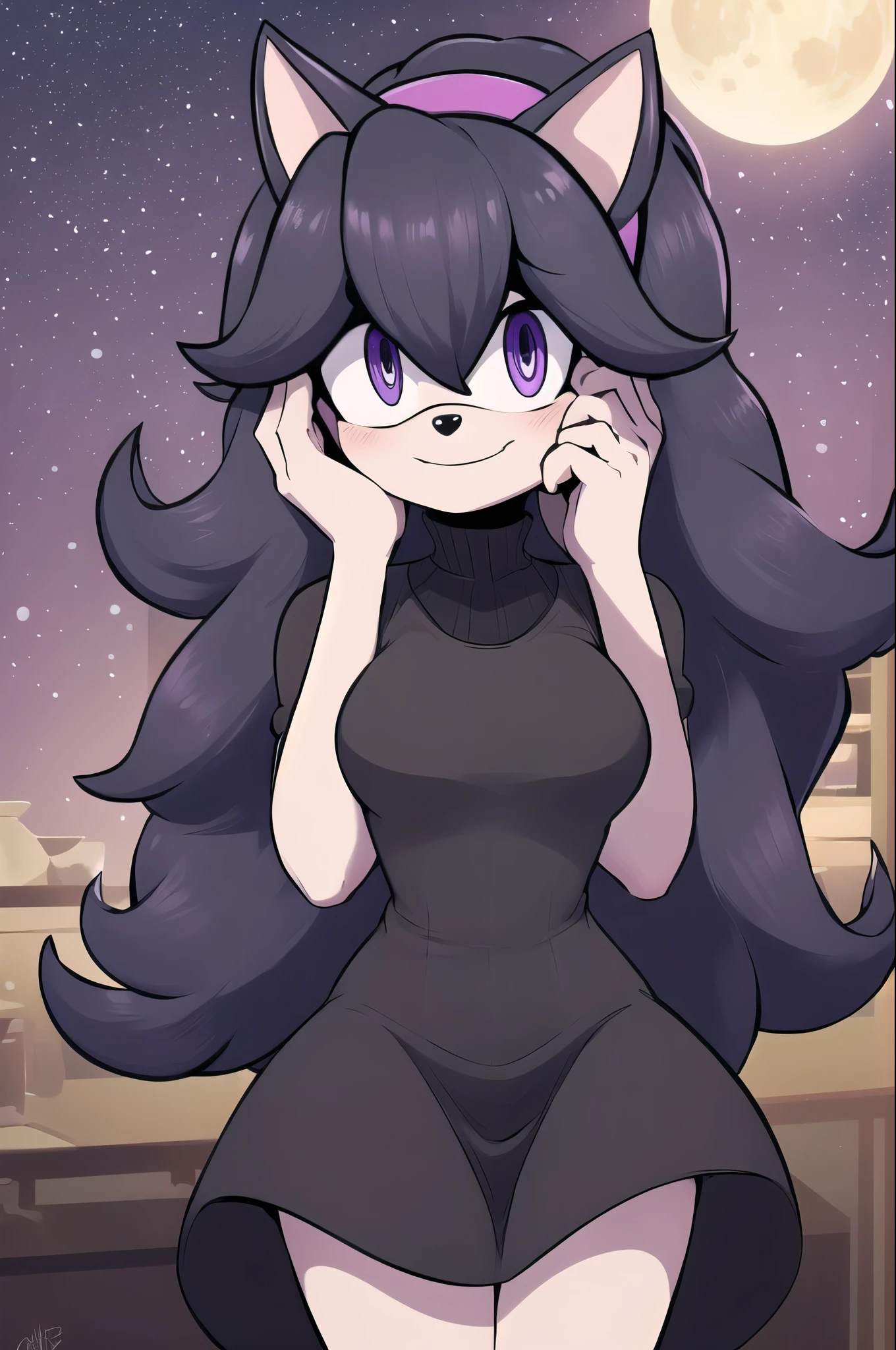 ((masterpiece,best quality)), absurdres, hex maniac (pokemon), long hair, ahoge, purple hairband, purple eyes, @_@, long black dress, smile, looking at viewer, cowboy shot, head tilt, full moon, hands behind back, one hand against cheek, shy, furry, (Mobian), cat, Mobian cat, single cat tail, sonic oc, Sonic the hedgehog series style, solo, 1girl
