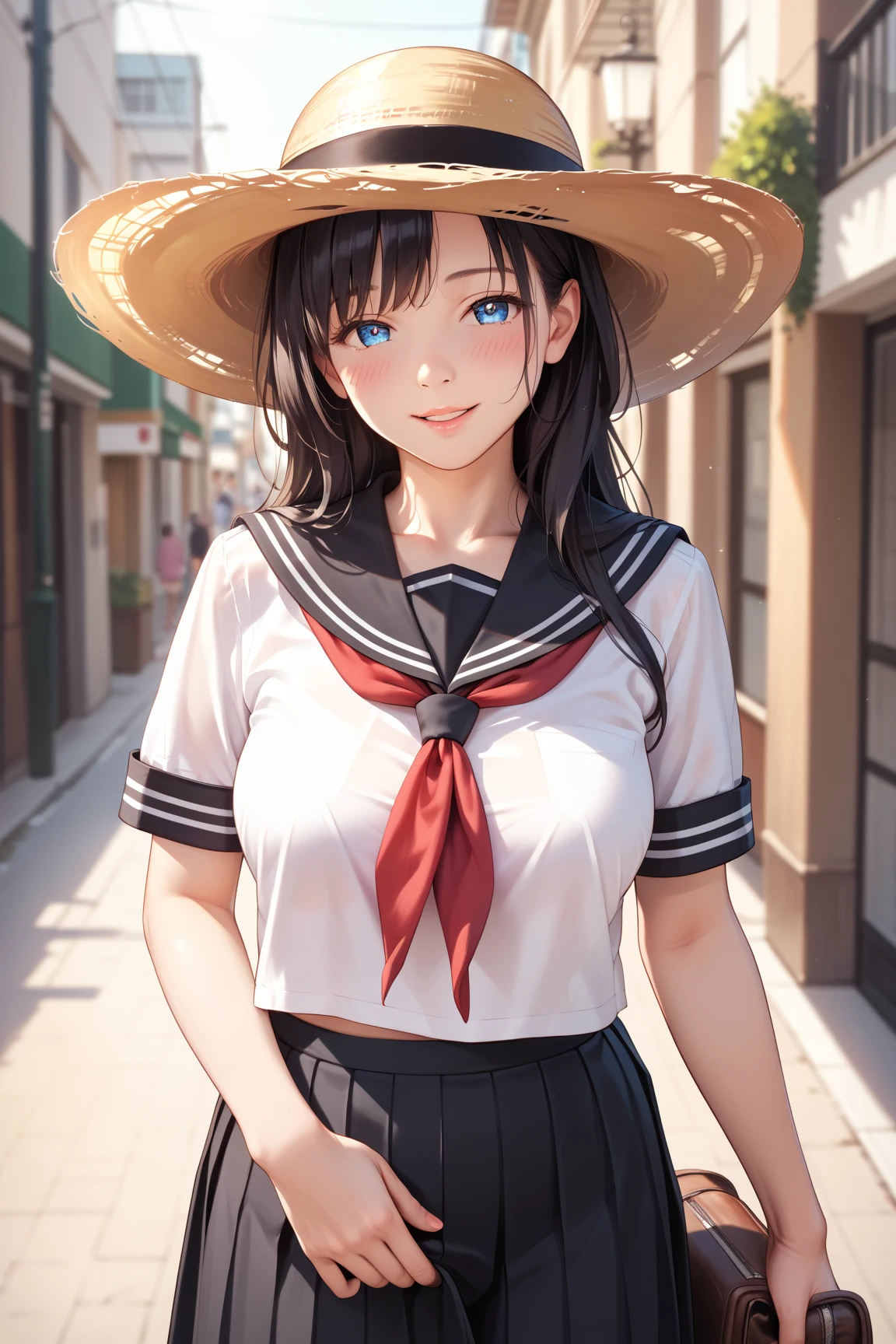 (masterpiece, best quality), extremely delicate detailed, beautiful artwork, 8k, Ultra high resolution, photorealistic, depth of field, cowboy shot, (no hat:1.3), bright natural light, (A superb beautiful lady), 1 girl, beautiful face, blush, (matured, Adult female), Blue eyes, eyes in highlight, catch light eyes, specular highlight eyes, (finely beautiful eyes), collarbone, large and beautiful breasts, (long hair, black hair), high school uniform, (short hem black sailor uniform:1.3), (tented shirt:1.2), black pleated skirt, (red neckerchief), sensual face, naughty smile, parted lips, blush, standing, Capital, Street,