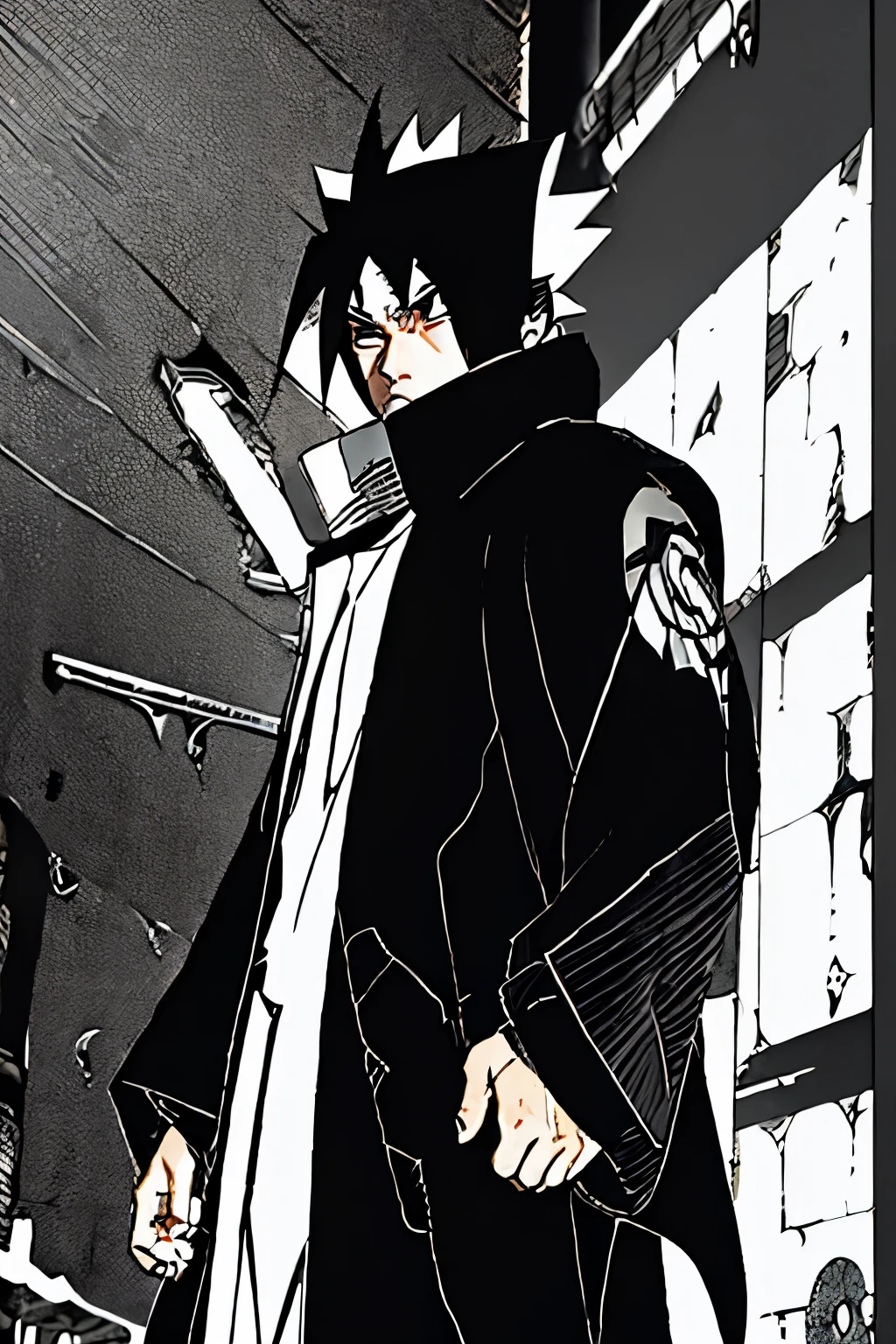  male character, with Naruto , long spiky hair,  overcoat black with one of the sleeves of the overcoat covering the hand as if it were a glove and the other like a regular shirt sleeve,  style design an uchiha inspired by Uchiha Madara and with a menacing look  