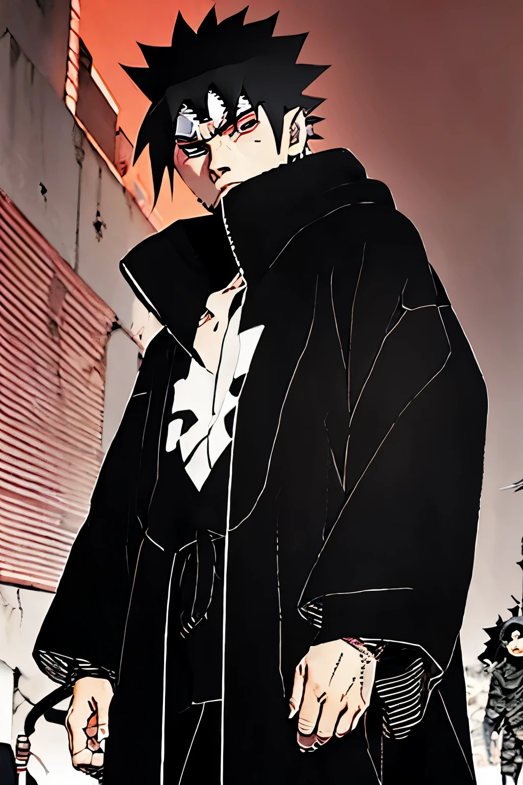  male character, with Naruto , long spiky hair,  overcoat black with one of the sleeves of the overcoat covering the hand as if it were a glove and the other like a regular shirt sleeve,  style design an uchiha inspired by Uchiha Madara and with a menacing look  