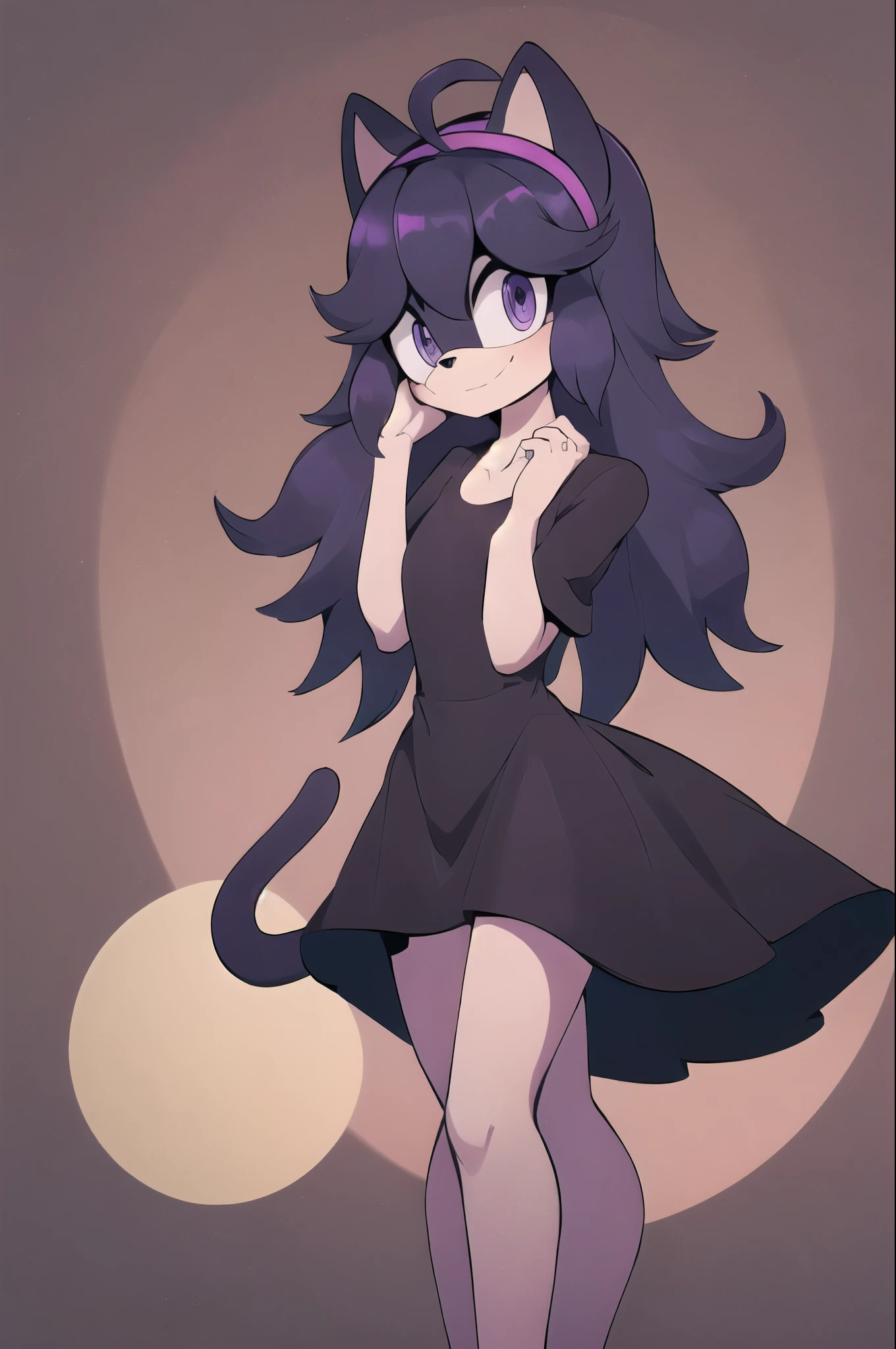 ((masterpiece,best quality)), absurdres, hex maniac (pokemon), long hair, ahoge, purple hairband, purple eyes, @_@, long black dress, small smile, looking to the side shyly, cowboy shot, head tilt, full moon, hands behind back, one hand against cheek, shy, furry, (Mobian), cat, Mobian cat, single cat tail, sonic oc, Sonic the hedgehog series style, solo, 1girl
