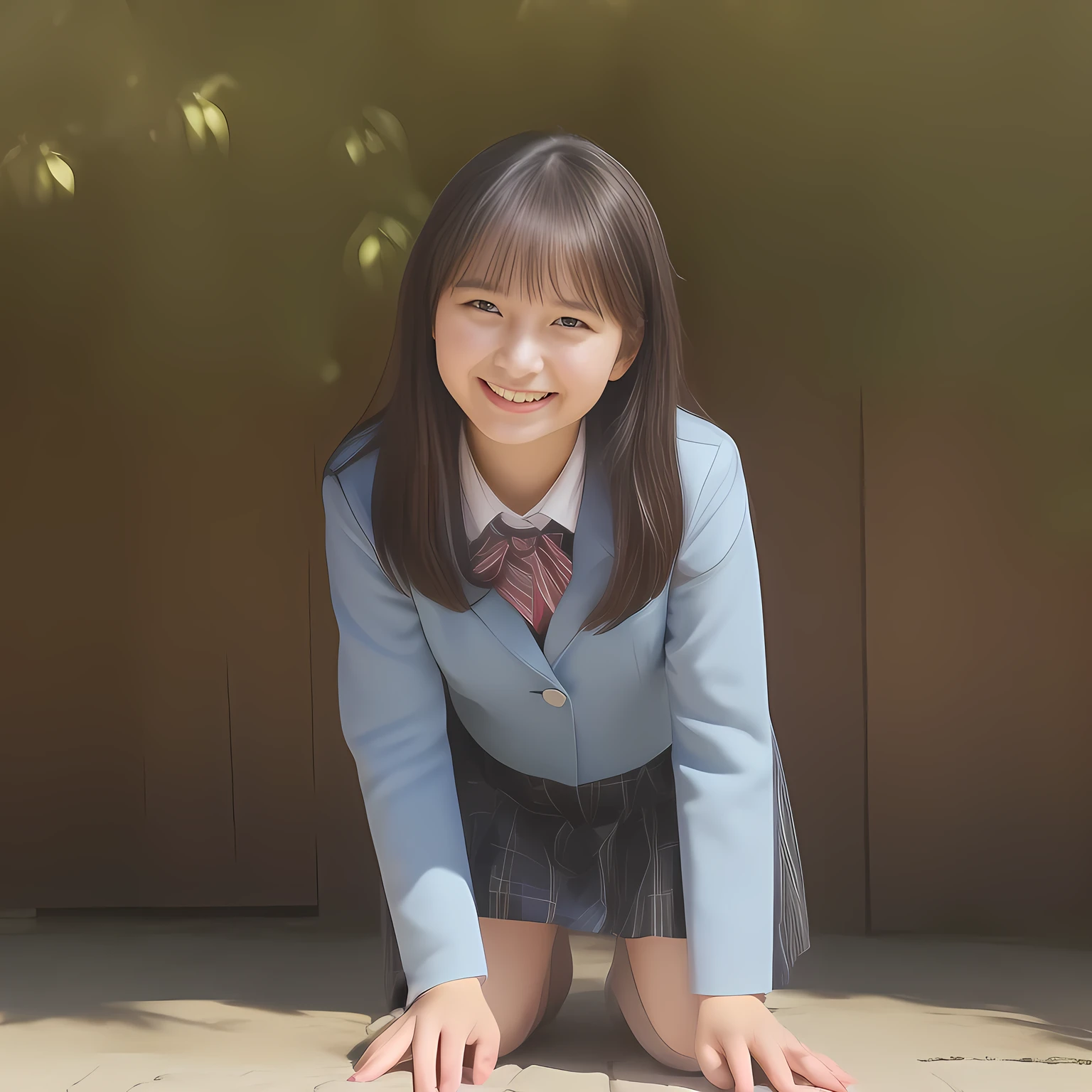 (Highest quality, masterpiece:1.2), Highest quality, High resolution, 1080P, 8k, clearly detailed, low-angle shot, (Some 14yo idol girls are inviting, bending down deeply at waist, and looking down at the floor, bending down deeply at her waist, their shining eyes are looking down at the viewer directly, Girls faces are looking down and coming close to the viewer, Low-angle-skirt-close-shot from below the girls' knees, ((skirt close shot)), only high altar of succubus in school underground background: 2.0) (Nobly bowing super-pretty shining-long-hair super-beautiful super-bewitching super-cute expensive school-uniform pretty slender 14yo-fashion-model of most-beautiful-school-uniform-girl-models photo-magazine in Japan, too beautiful aristocratic daughter laughing down at the viewer, in supreme bliss, bowing and accepts the viewer's every desire: 1.8), (long bottom eye-slashes, long top eye-slashes), (very bewitching beautiful full-open lips: 1.4), (neat gorgeous school uniform of private high school in Japan. navy-school-blazer with gold-emblem, super-neat navy-blue-lined-tartan-checkered light-sky-blue-pleats-school-skirt, super-girly plain-red ribbon on the breast: 1.5), (bewitching expression, smile, lips, and pose to corrupt the viewer, everything is planned and prepared to corrupt the viewer into the allusion of love towards the girl: 1.2), (clearly detailed foreground focusing on girl's beauty and cuteness, gorgeous blue girly bed background of full-of-girls girly-heaven: 1.2), (some girls are putting her beautiful both hands and fingers on the viewer to tear off the viewer's cloths lustily and forcibly, which may also open the viewer's brain, pouring her girly white ecstasy drool to the viewer: 1.5), (sky-blue school skirt: 1.6), (detailed brown eyes: 1.5)