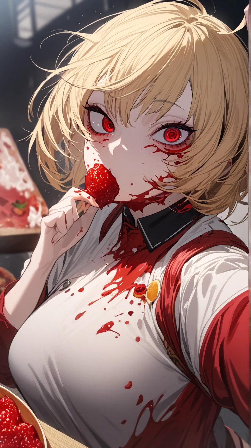 ((  top quality)), ((   high definition )), masterpiece,   absurd,   detailed face  ,   facial beauty, (  detailed eyes, Deep Eyes), (  1 girl), ((  Dynamic Poses )) madder,   1 girl, Alone,  red eyes,  Blonde , Food,  Short hair on the side of the uniform , Foodie, red Foodie, Food down,