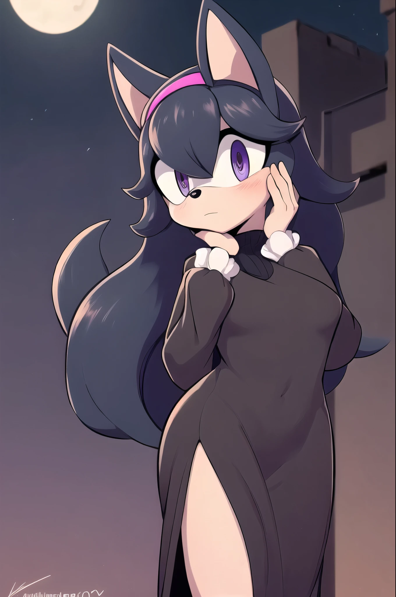 ((masterpiece,best quality)), absurdres, hex maniac (pokemon), long hair, ahoge, purple hairband, purple eyes, @_@, long black dress, (looking away shyly), cowboy shot, head tilt, full moon, hands behind back, one hand against cheek, shy, furry, (Mobian), cat, Mobian cat, single cat tail, sonic oc, Sonic the hedgehog series style, solo, 1girl
