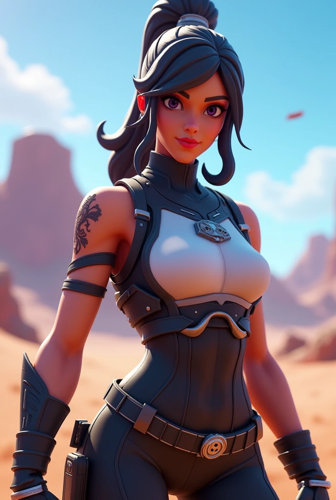 vibrant colors, 8K, high resolution, highly detailed, masterpiece, ((my little pony)), (black striped white hair), (pale white body), (gray eyes) seductive face, woman's tactical gear, standing, big breasts, beautiful body, cap, background daylight desert, purple lips 