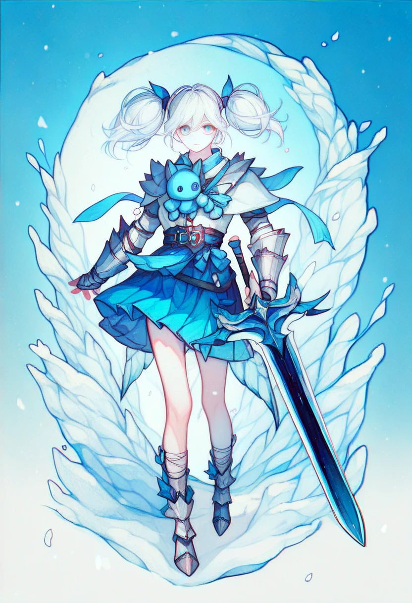  virtual character design， Concept Character List ，Female  girls，8k， full body vertical painting，knight，Twin ponytails，White hair and blue eyes， skirt，Plush领子，Holding a long sword，Delicate face，Dragon Hunter， blue and white tone ，snow，Colorful， is colorful，cute，Ultra-delicate，Plush，Handsome