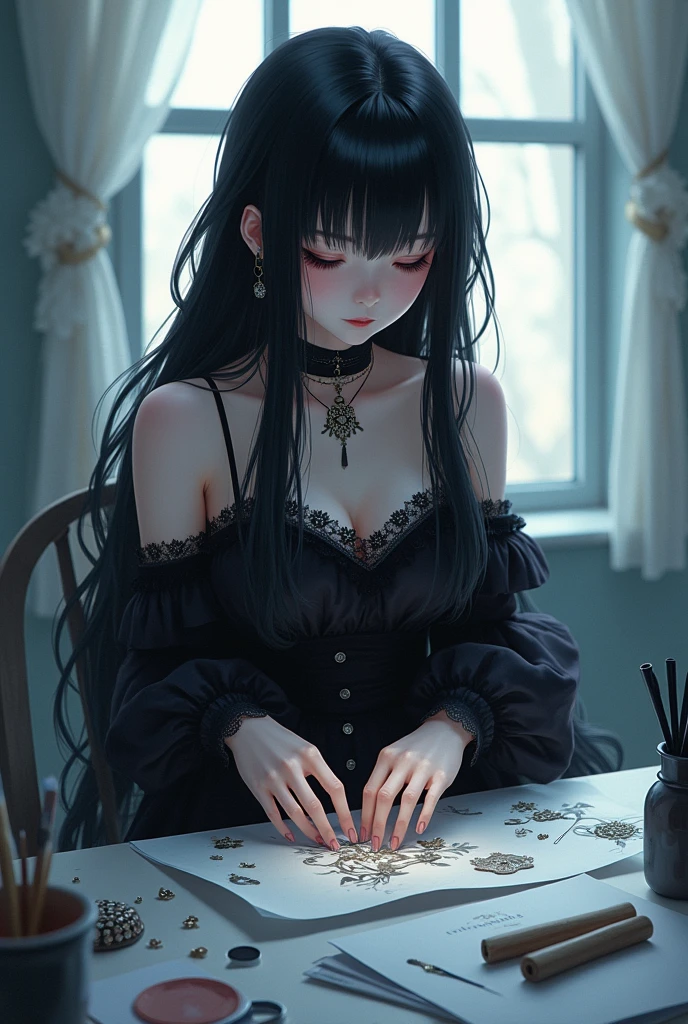 (((high angle shot, full frontal shot)))(best quality,4k,8k,highres,masterpiece:1.2),ultra-detailed,realistic:1.37,pretty anime woman,perfect anime eyes,((28 years old woman)),seductive gaze, she is ((reading tarot cards)) behind a table in a room in a castle in a very dark scene, illuminated by flickering torches, dramatic lighting, trasluscent robe, light_brown color skin, long black curly hair to the shoulders, luscious lips, anime style, (natural breasts:1)